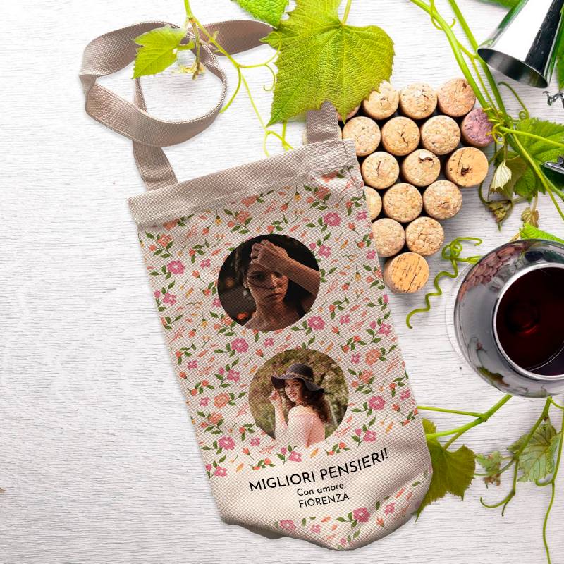 Sacchetto personalizzati per la bottiglia di vino con due fotografie
